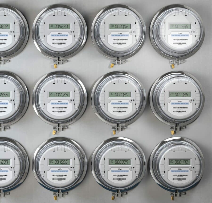 Digital electric meters in a row measuring power use. Electricity consumption concept.