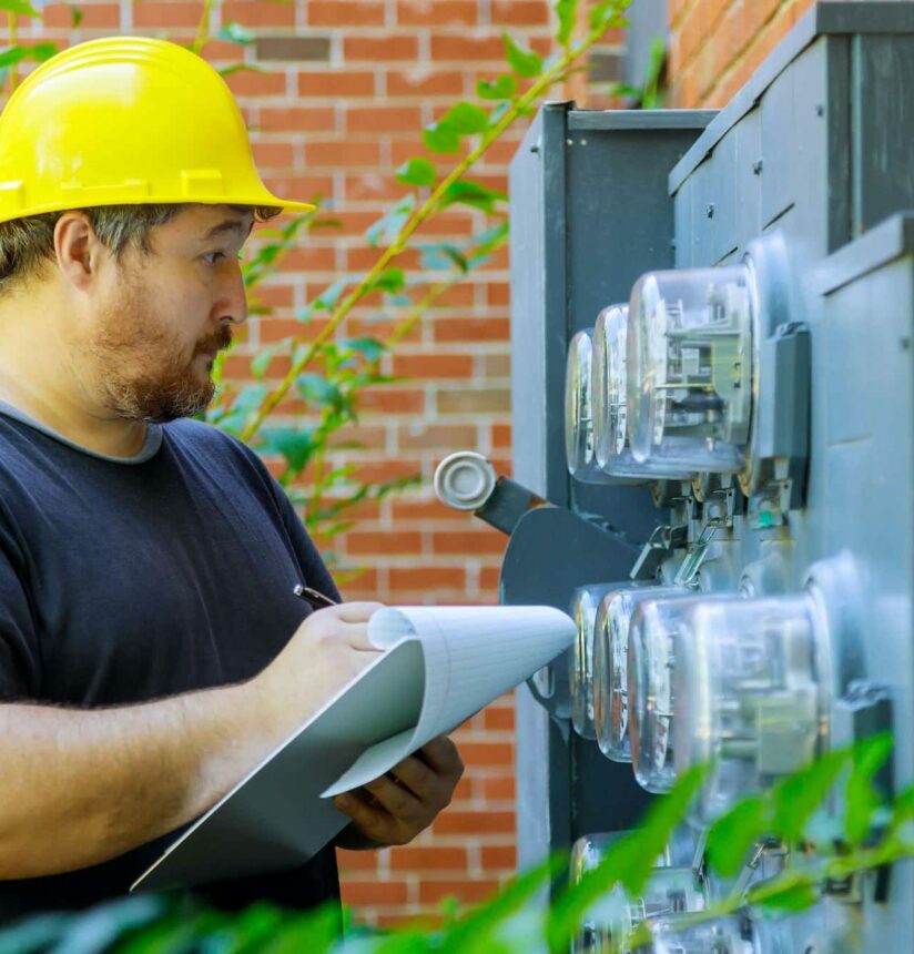 Electrical in yellow helmet technician writing reading of meter on clipboard