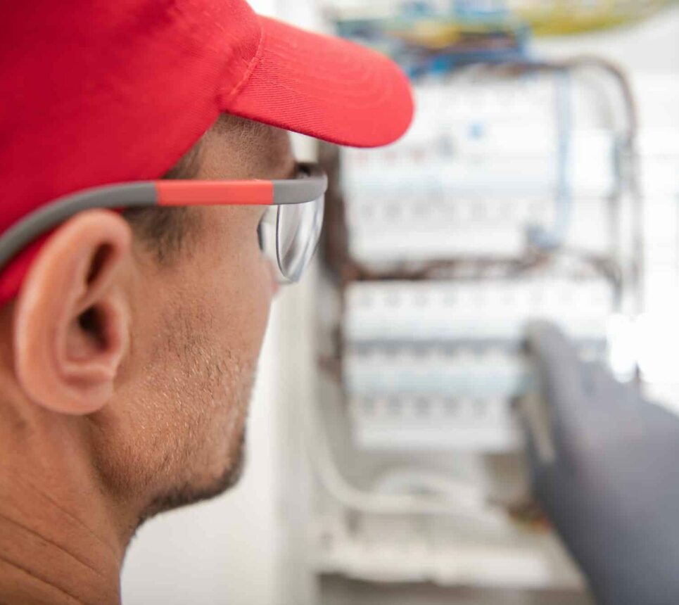 Electrician Looking Inside Electric Breaker Board