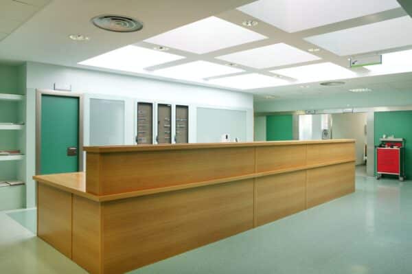 Hospital urgencies hallway indoor reception desk. Health center interior. Medicine