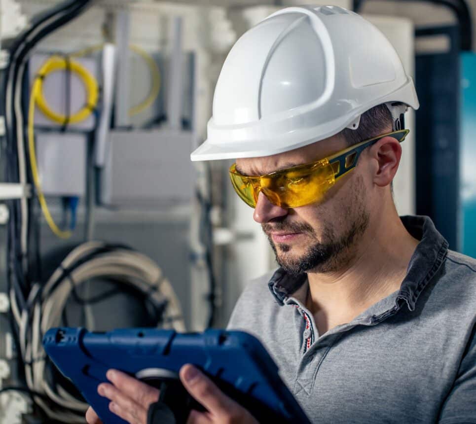 Man, an electrical technician working in a switchboard with fuses, uses a tablet.