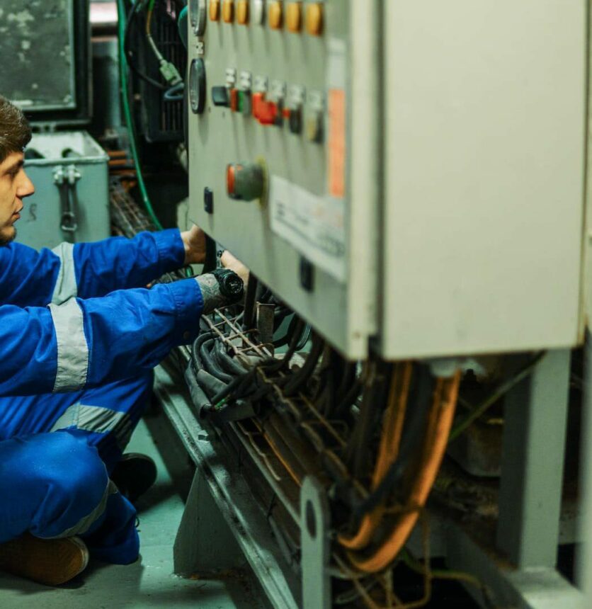 Marine engineer inspecting ship's engine or generators