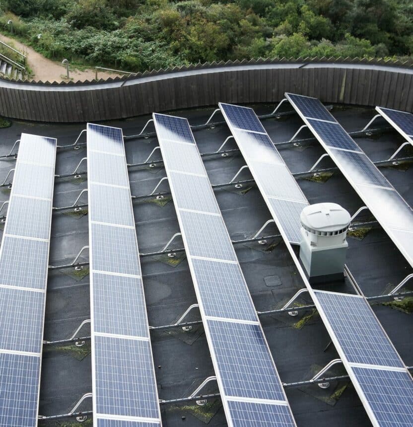 Solar panels on the flat roof.