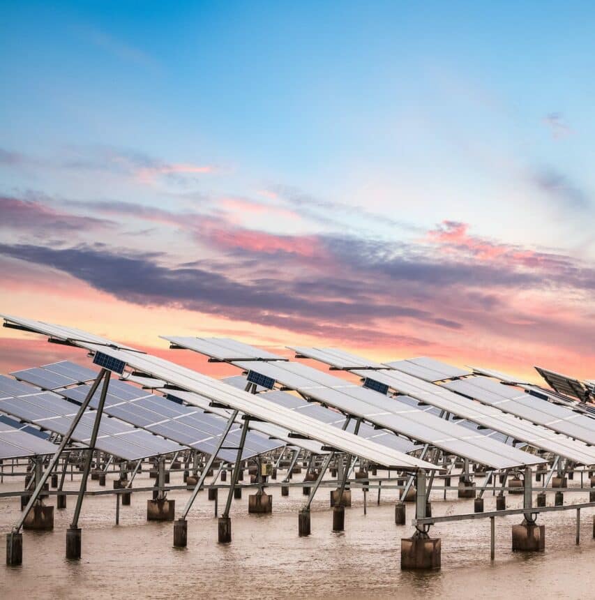 solar power farm at dusk