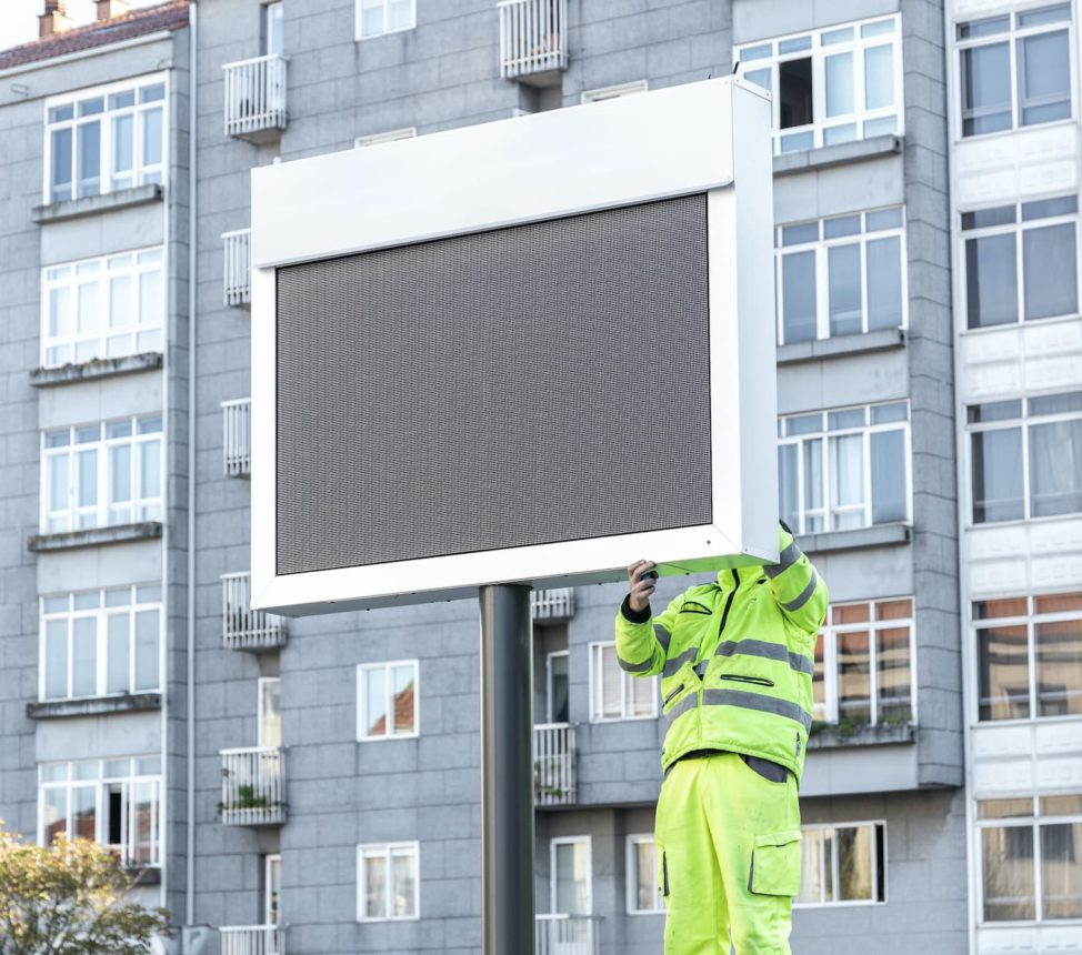 Worker installing a new electronic sign