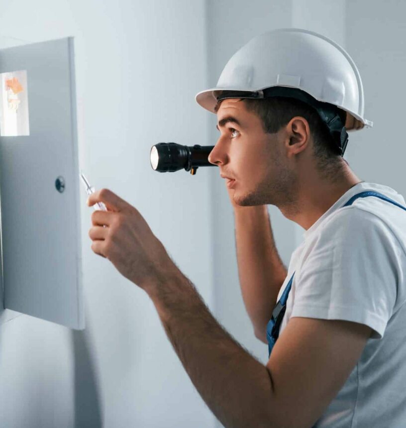 Young male electrician in white hard hat works indoors in the room