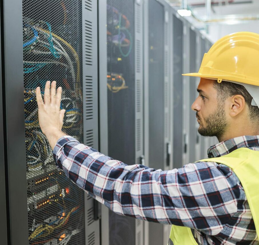 Young technician man working with tablet inside big data center room - Focus on man face